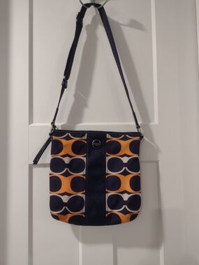 Coach Navy and Orange Signature Monogram Circle Crossbody Bag